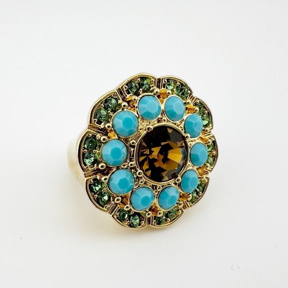 Vintage Boho Floral Statement Ring Turquoise & Green Stone Costume Jewelry - Picture 1 of 7